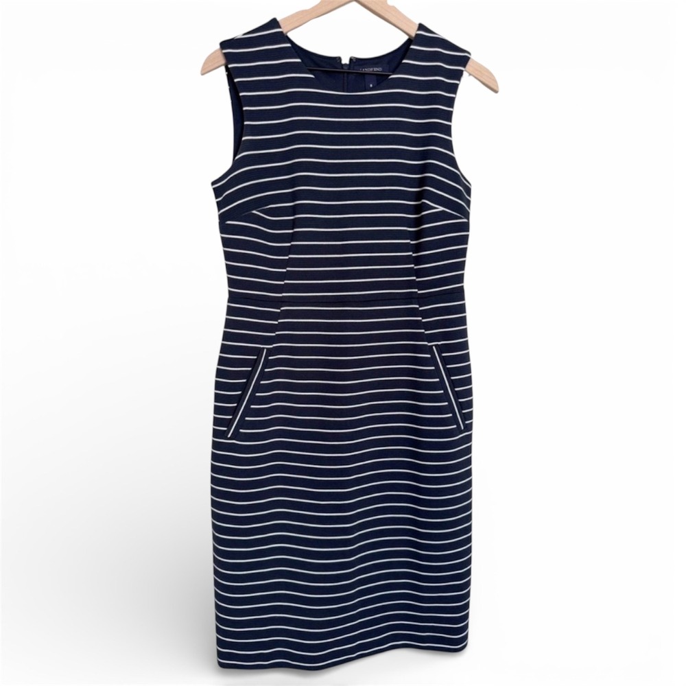 Lands End 8 Navy White Striped Ribbed Sheath Dress Pockets Sleeveless Nautical‎